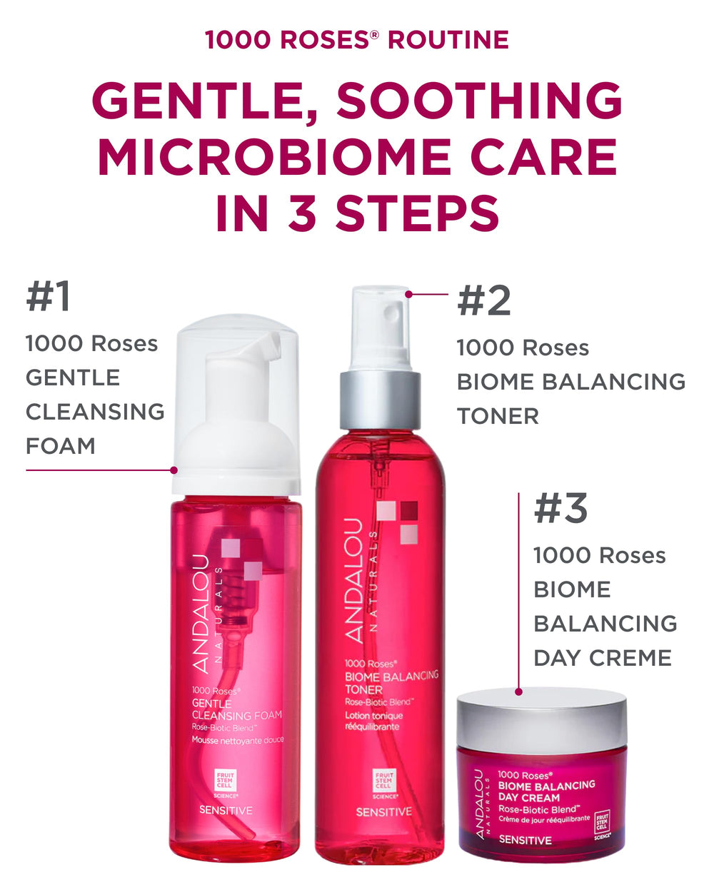Andalou Naturals label closeup highlights Rose-Biotic blend and soothing benefits
