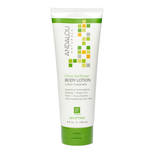 Andalou Naturals front bottle showing bright citrus packaging and moisturizing benefits