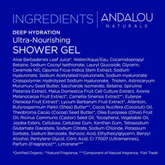 Andalou Naturals on bathroom shelf with towel suggesting a relaxing hydration ritual