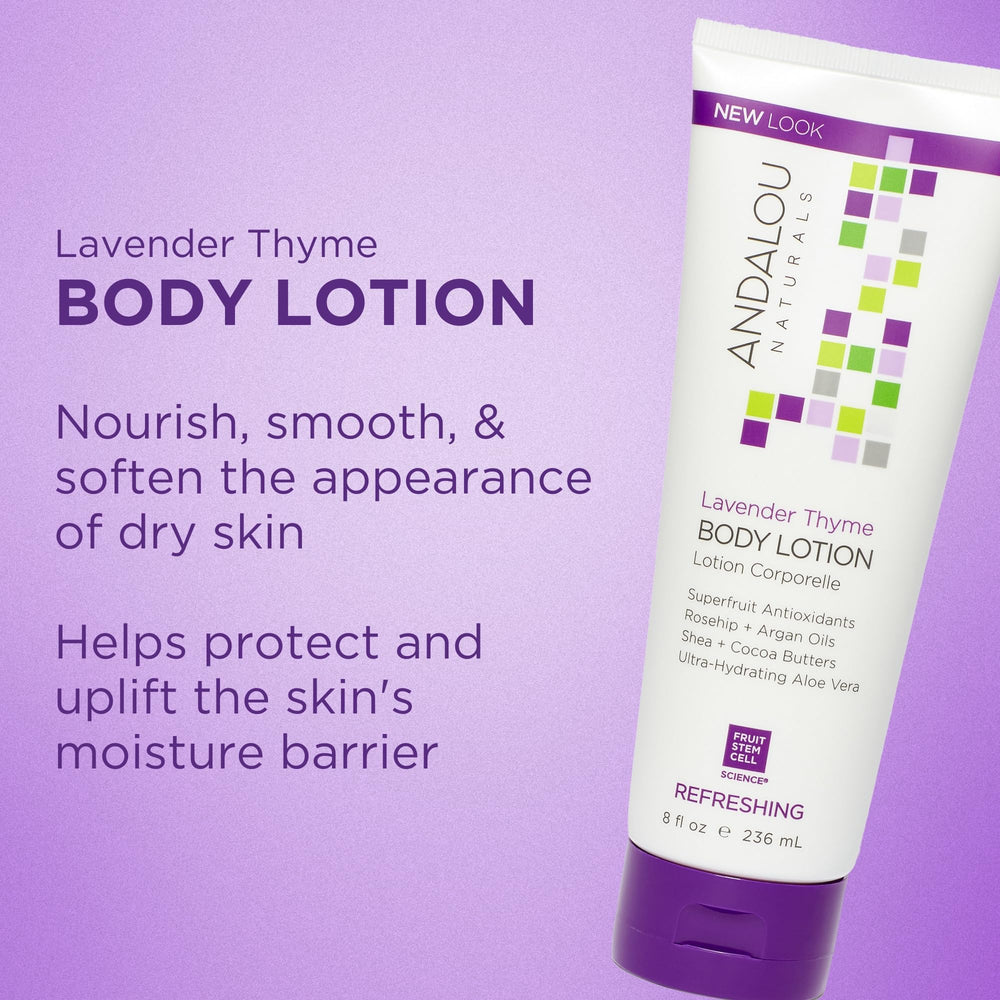 Andalou Naturals lotion being dispensed, lightweight texture absorbs quickly