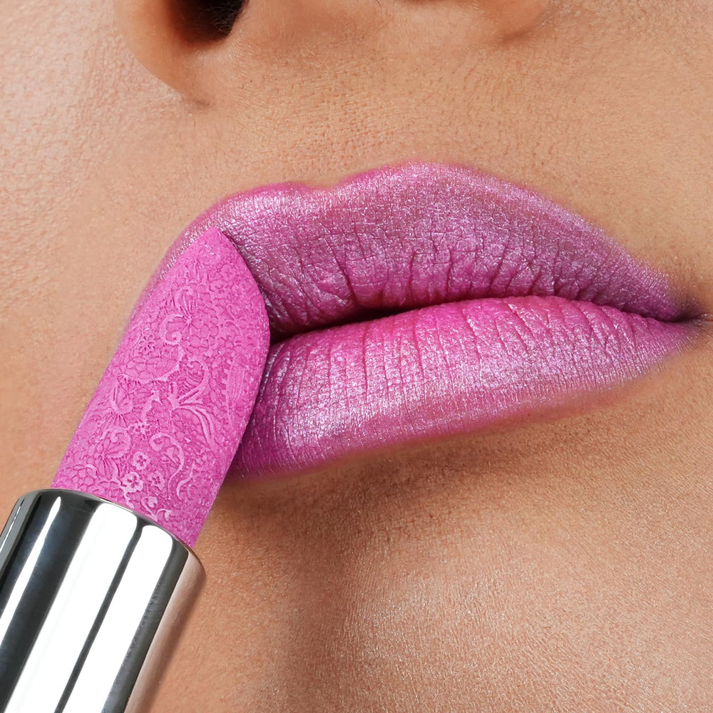 Anglicolor open tube close-up of frosted bullet showing smooth shimmer application benefit