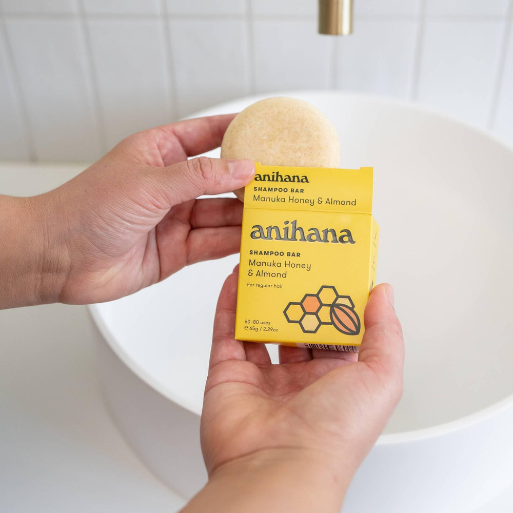 ANIHANA shampoo bar packed in a travel pouch for plastic-free travel and space saving