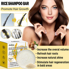 ANKOOY shampoo bar ingredient display with rice and oils emphasizing nourishing benefit
