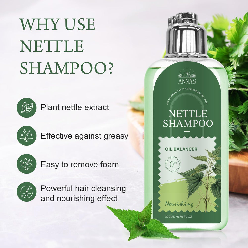 ANNAS nettle shampoo in shower use illustrating soothing cleanse and easy rinse