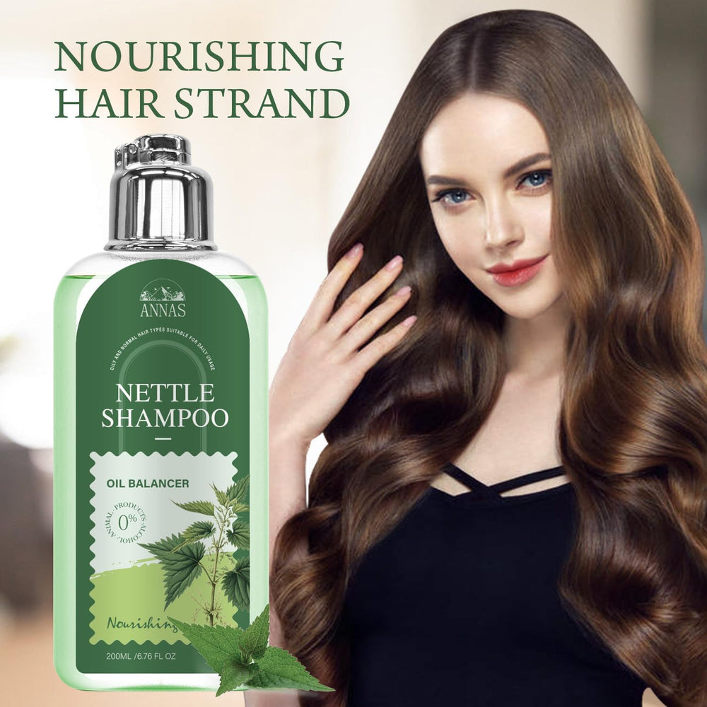 ANNAS nettle shampoo pump close-up dispenses controlled amount for economical use