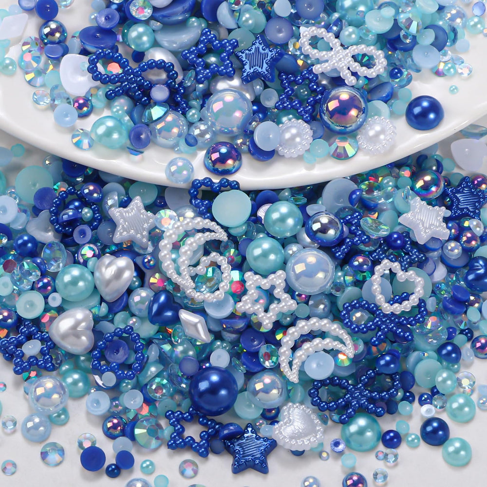 AnoleAir front packaging showing mixed blue rhinestones and pearls, organized for easy use