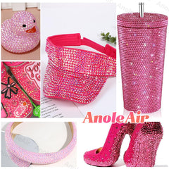 AnoleAir pink gems applied to a tumbler demonstrating durable decorative sparkle