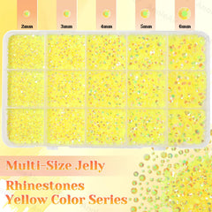 AnoleAir close-up of mixed 2–6mm yellow gems showing size variety and sparkle