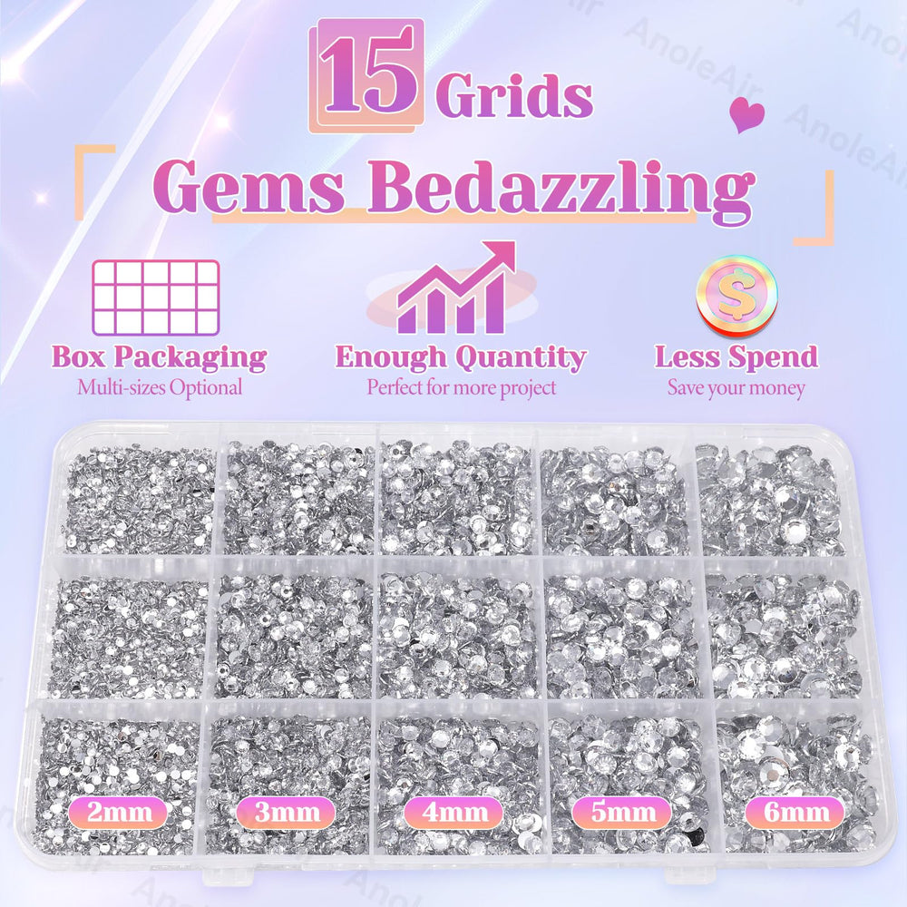 AnoleAir assorted 2–6mm rhinestones spread by size for design planning and variety