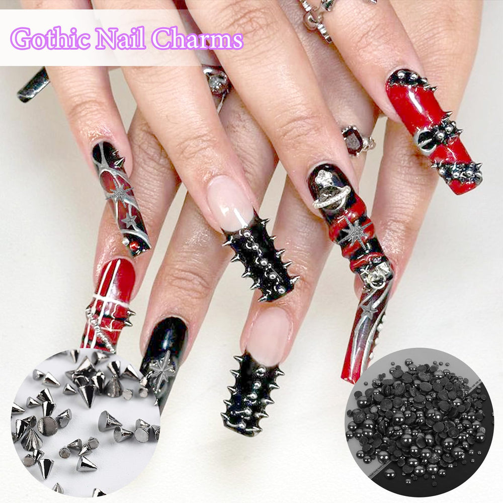 Anower nail chains and beads arranged for easy design combinations