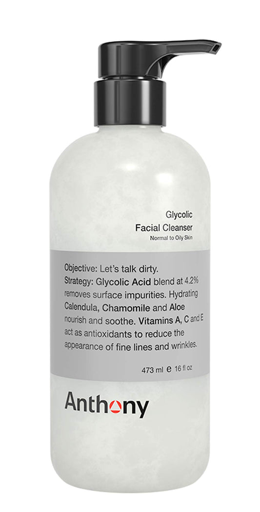 Anthony Glycolic Facial Cleanser front bottle showing packaging and everyday grooming benefit