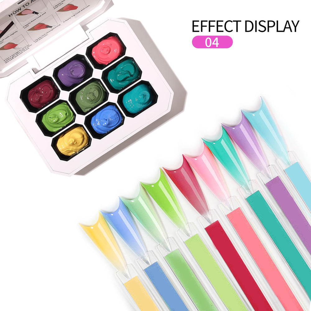 AOBOO 9-color gel palette laid out to show coordinated blush gradient and shade variety