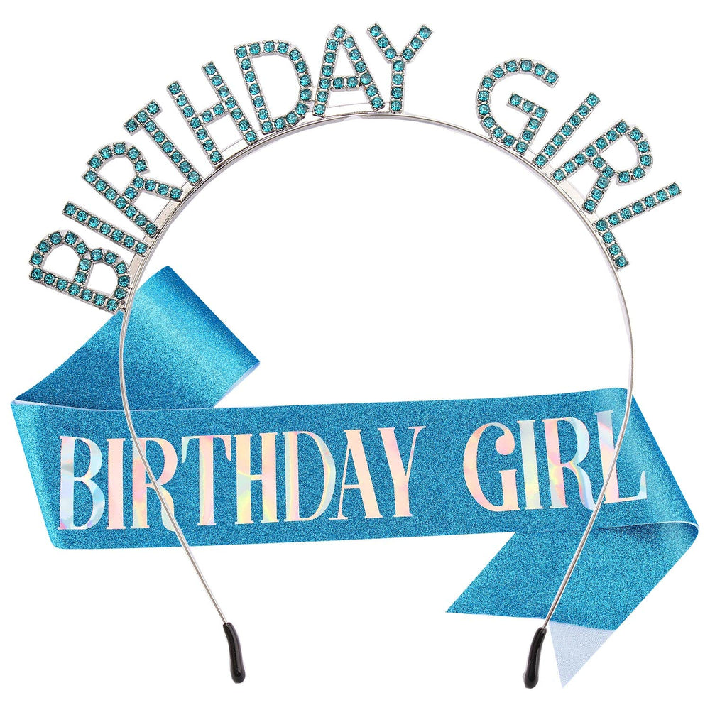 AOPRIE crown front view showcasing blue rhinestones and clear birthday lettering