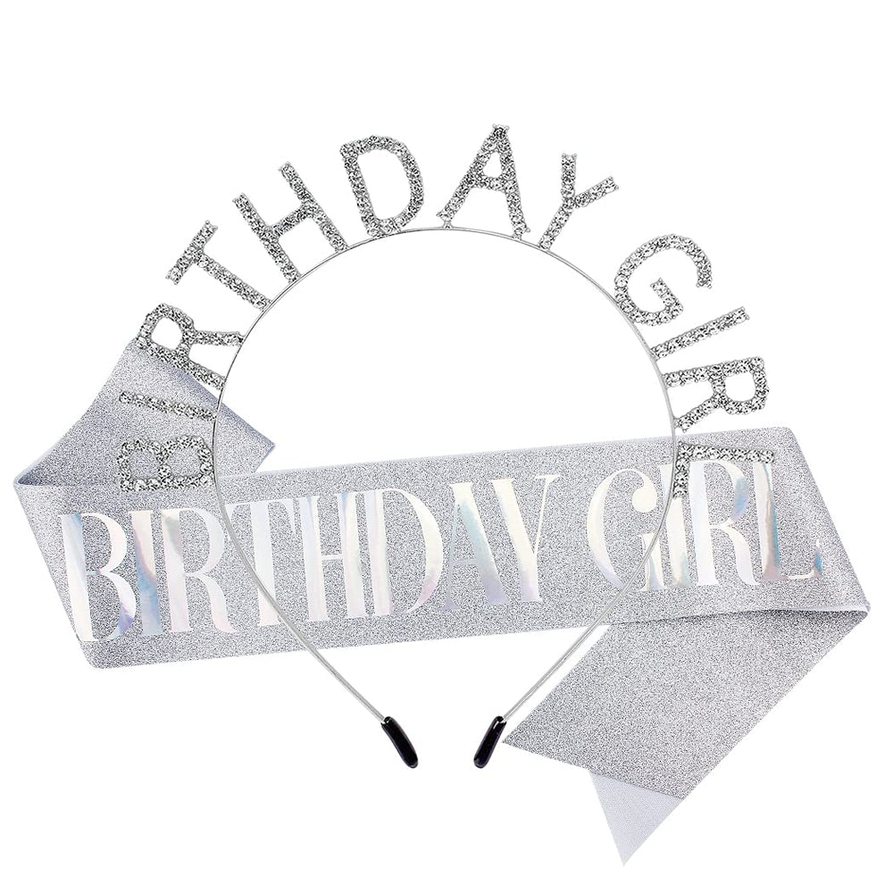 AOPRIE silver crown front view showing glittering rhinestones and clear birthday lettering for celebration appeal