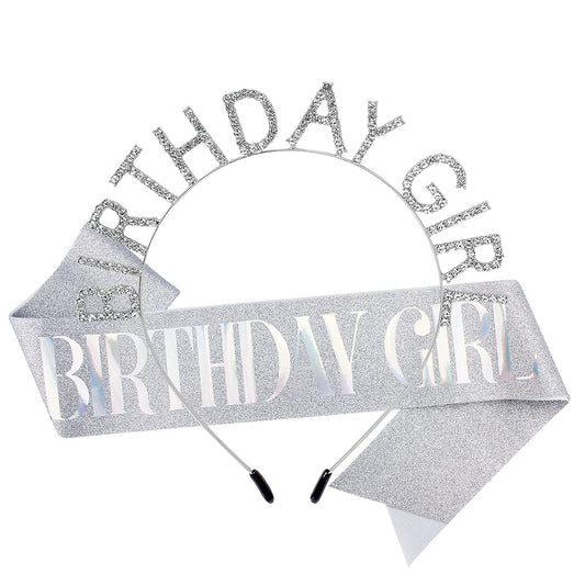 AOPRIE silver crown front view showing glittering rhinestones and clear birthday lettering for celebration appeal