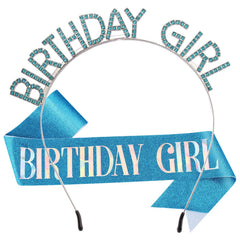 AOPRIE crown front view showcasing blue rhinestones and clear birthday lettering