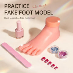 AORAEM practice foot with false nail tips inserted demonstrating secure fit benefit