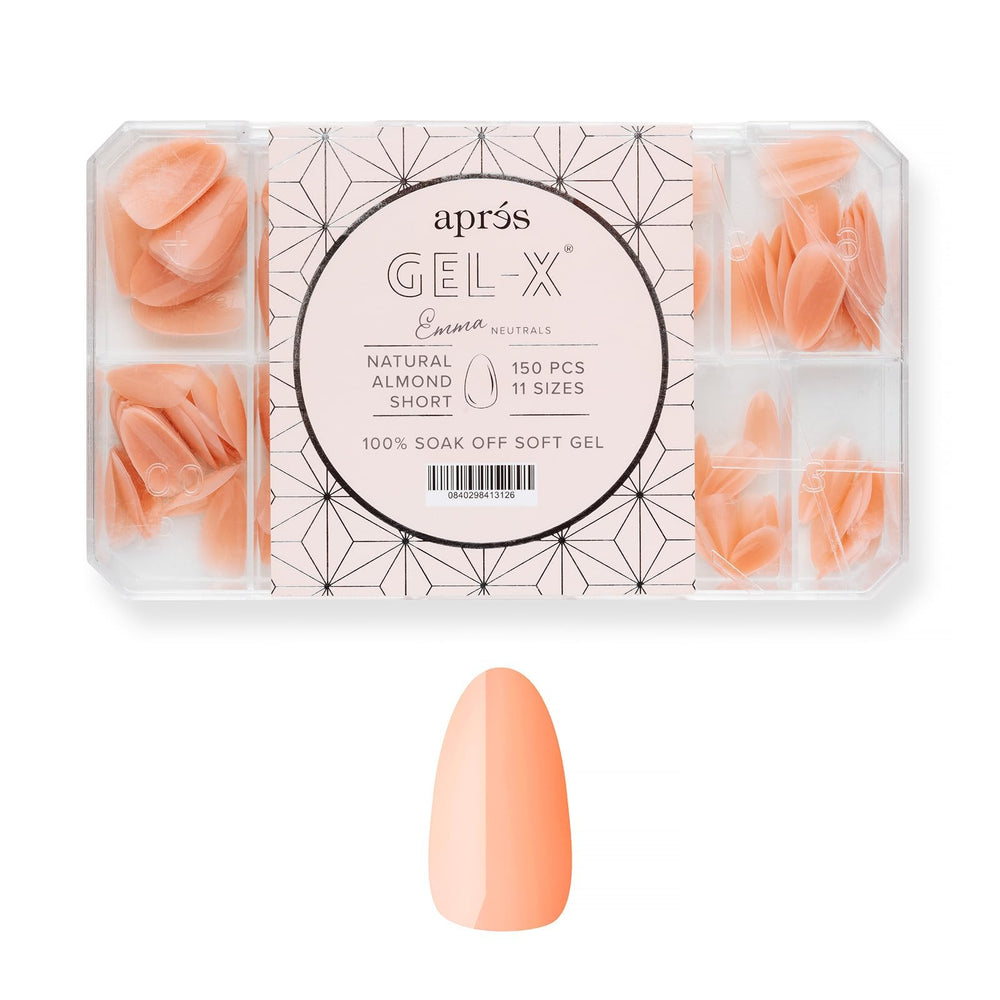APRÉS box front showing Emma Neutrals and 150 soft gel tips benefit natural look