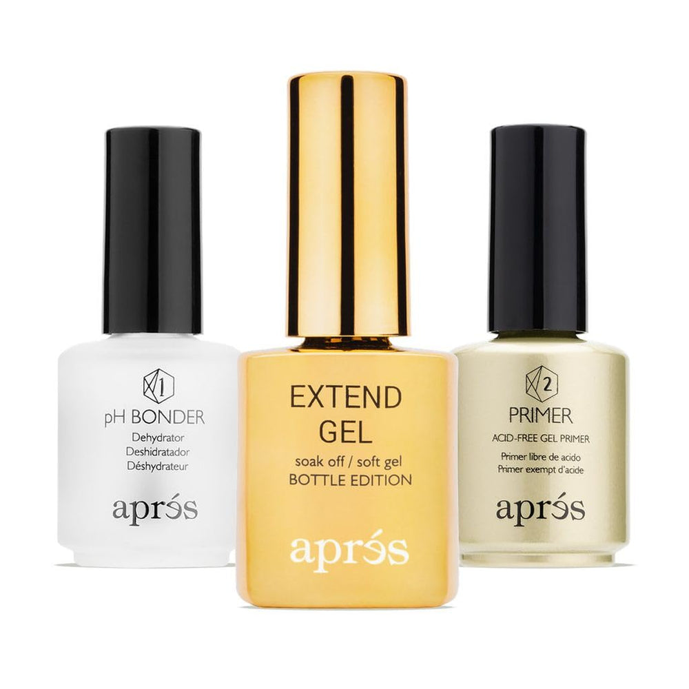 APRÉS extend gel gold bottle front showing product and professional finish