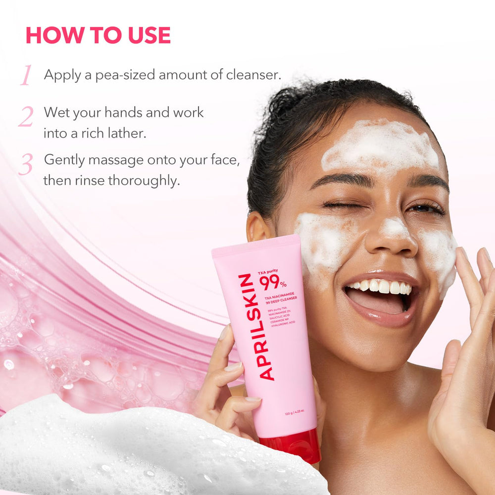 APRILSKIN tube held in hand to show actual size and travel-friendly convenience