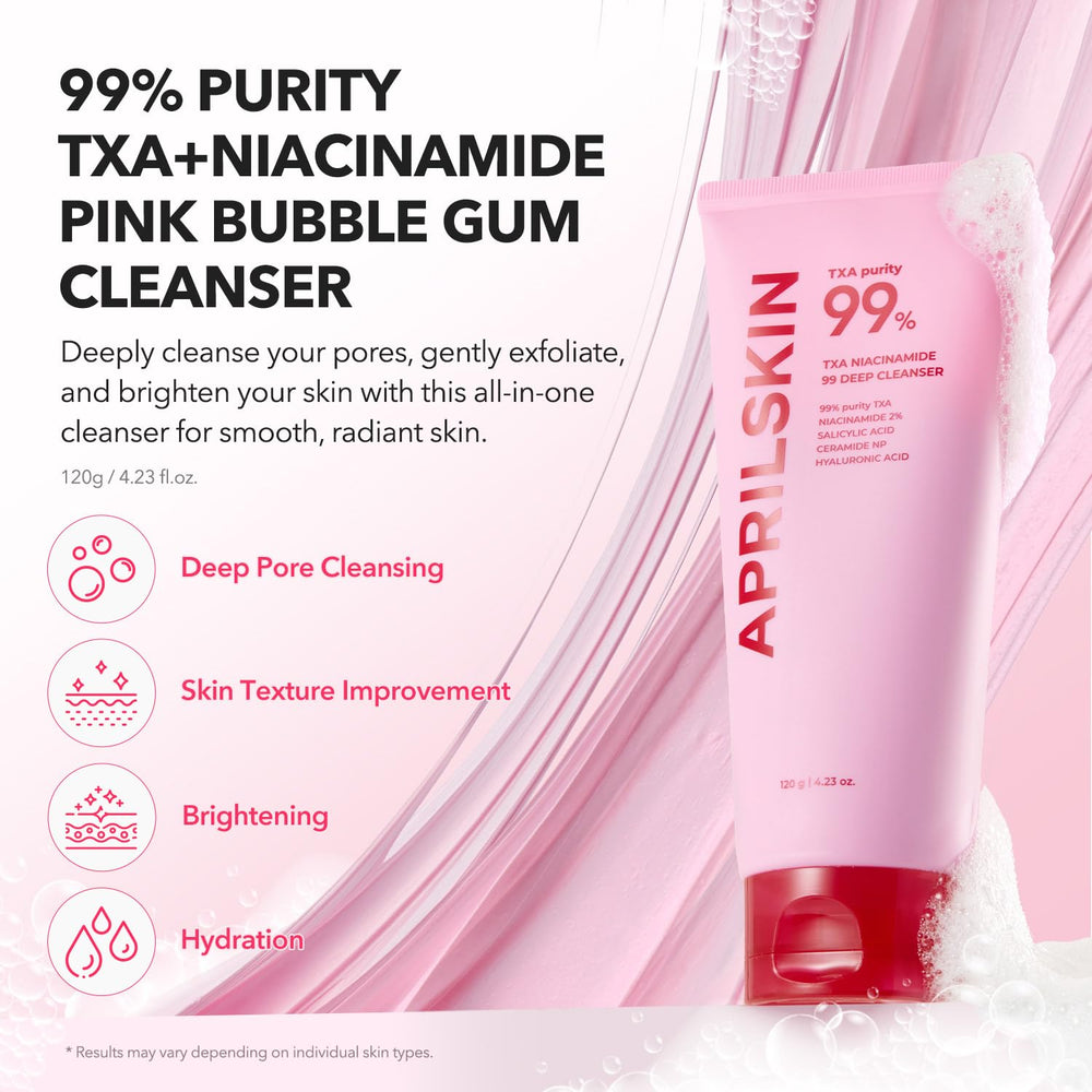 APRILSKIN close-up of chewy pink texture being stretched to show adhesive cleansing benefit