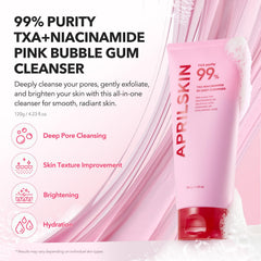APRILSKIN close-up of chewy pink texture being stretched to show adhesive cleansing benefit
