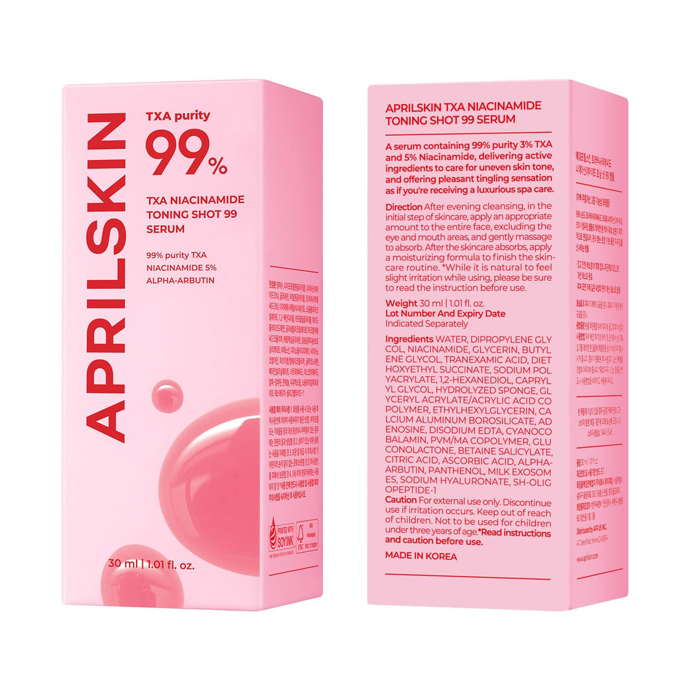 APRILSKIN external packaging box highlighting formulation details and care benefit