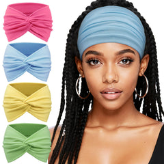 AQOKKA four-pack headbands front view showing colors and packaging benefit versatility