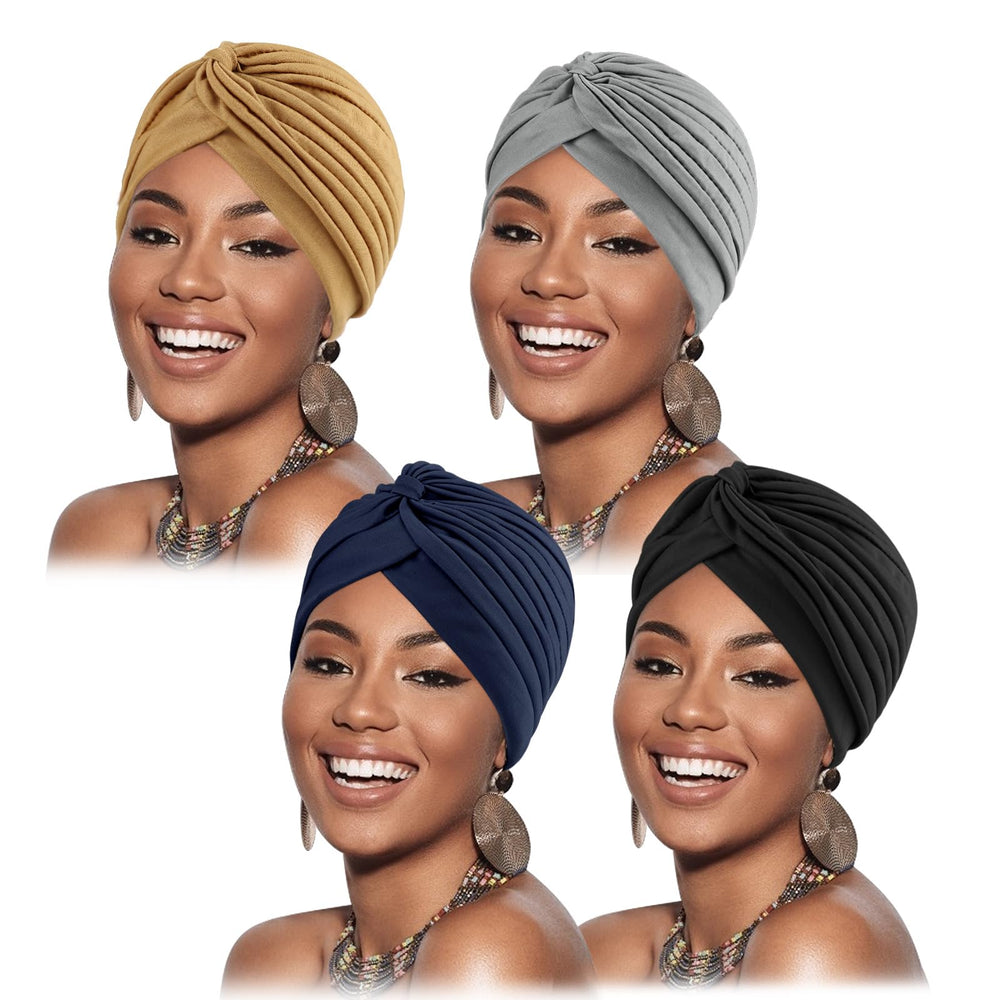 AQOKKA front view pleated turban showing polished knot and coverage benefit