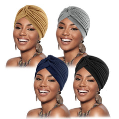 AQOKKA front view pleated turban showing polished knot and coverage benefit