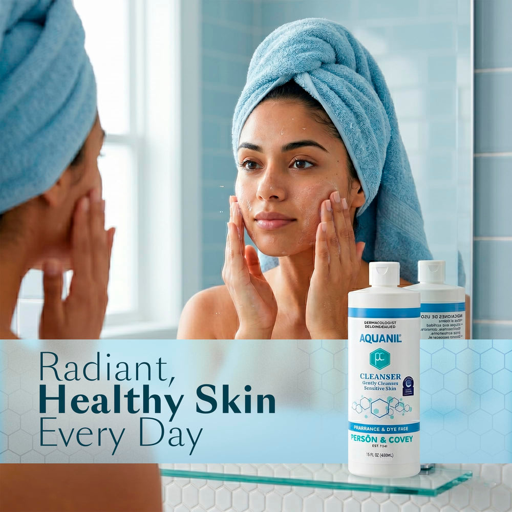 Aquanil rubbed into dry skin showing waterless removal convenience