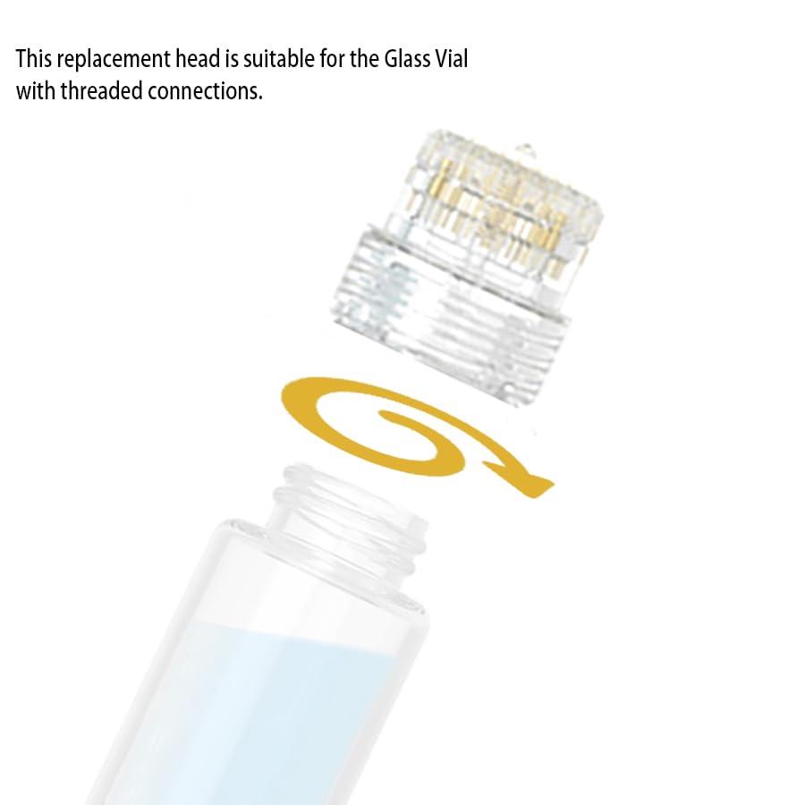 AQUAPEN derma stamp in use with threaded glass vial demonstrating secure attachment and controlled delivery