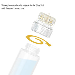 AQUAPEN derma stamp in use with threaded glass vial demonstrating secure attachment and controlled delivery