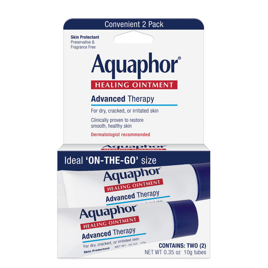 Aquaphor front view of two travel tubes showing brand and portability benefit