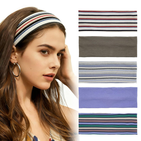 Aranya front view of five striped headbands showing colors and packaging, convenient set