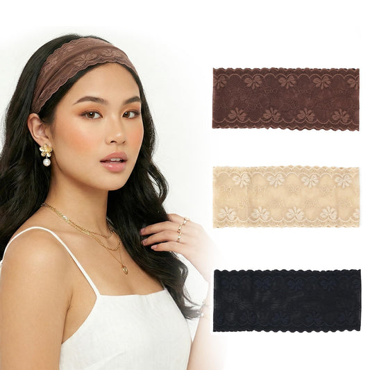 Aranya three-pack front view showing beige black brown headbands and vintage bow pattern benefit styling versatility