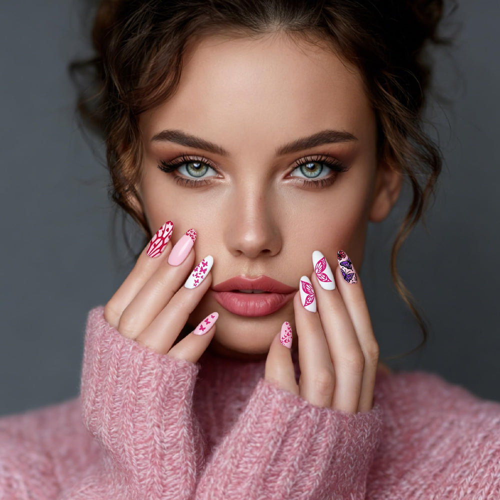 Arbuya finished manicure lifestyle photo showing layered butterflies and gingham contrast