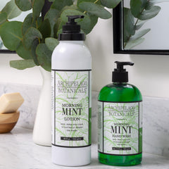 Archipelago Botanicals next to a water bottle showing 18 oz size convenience benefit