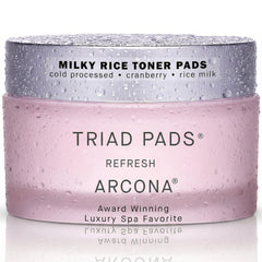 ARCONA front tub of cranberry triad milky toner pads showing packaging and count benefit