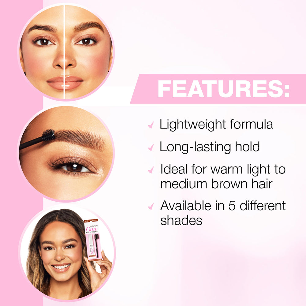 Ardell brow glue before and after comparison showing fuller, shaped brows benefit