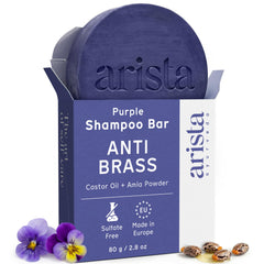 Arista purple shampoo bar front packaging showing eco-friendly design and key benefits