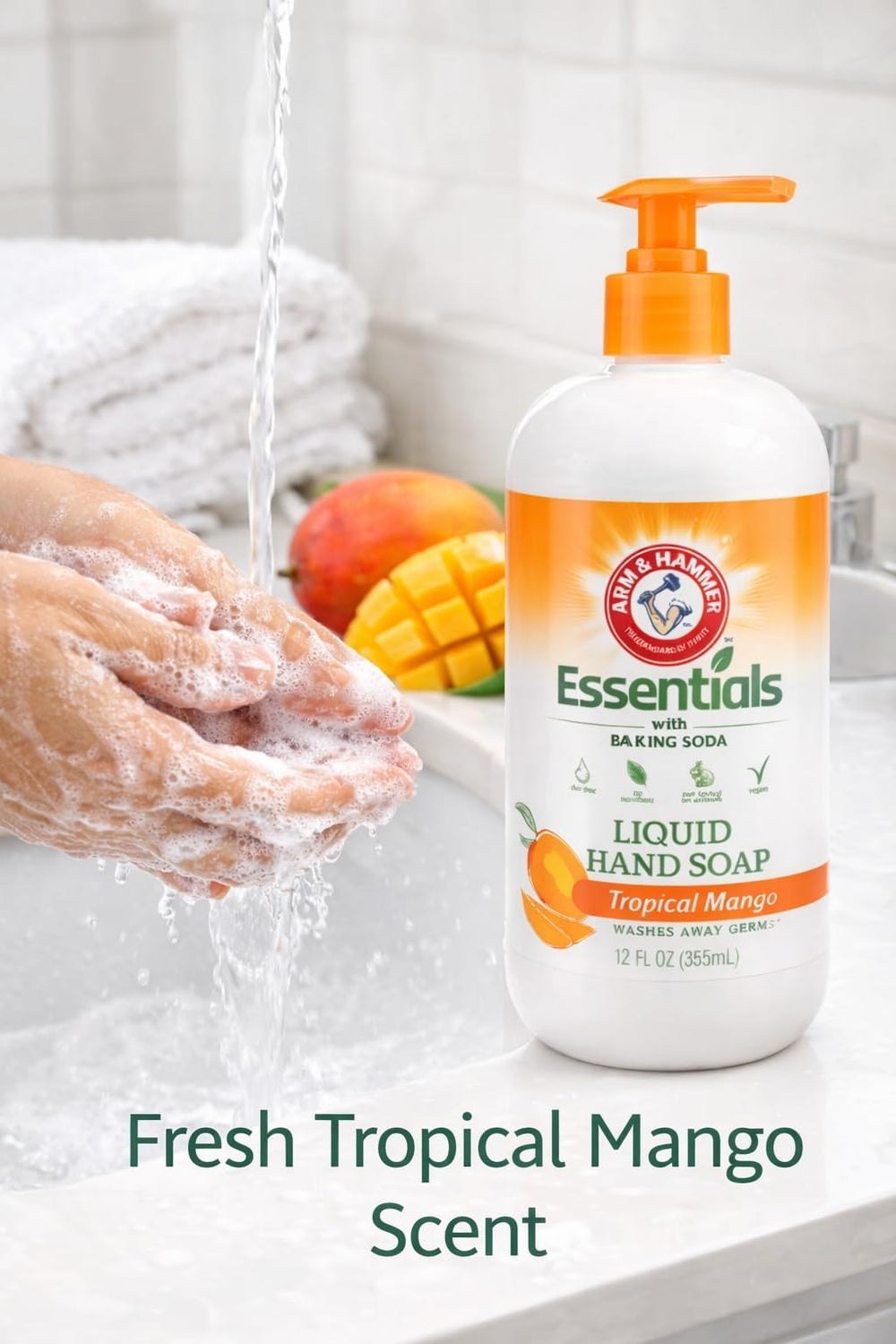 Arm & Hammer lathered hands demonstrating gentle cleansing