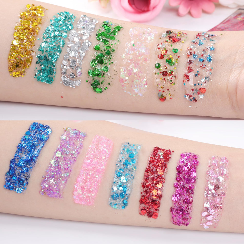 AROIC glitter applied on cheek demonstrating bright, festival-ready shine