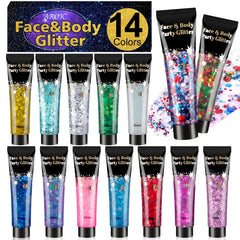 AROIC front packaging showing 14-color glitter set and vibrant tubes for variety