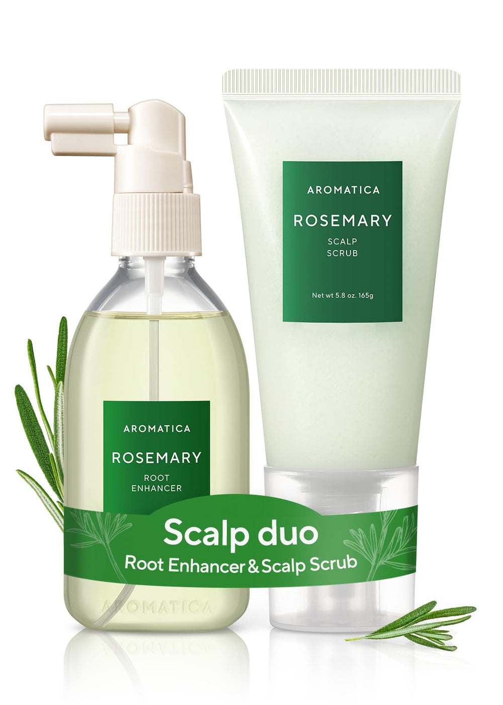 AROMATICA front packaging showing bottle and scrub, clear label for easy recognition and storage