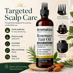 Aromatico bottle surrounded by sesame, jojoba and almond illustrating natural blend