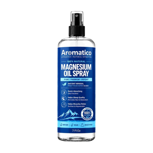 Aromatico front bottle showing unscented magnesium spray and clean packaging benefit