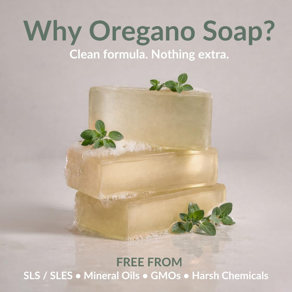 AROMAVITA oregano soap held in hand showing size and portable benefit