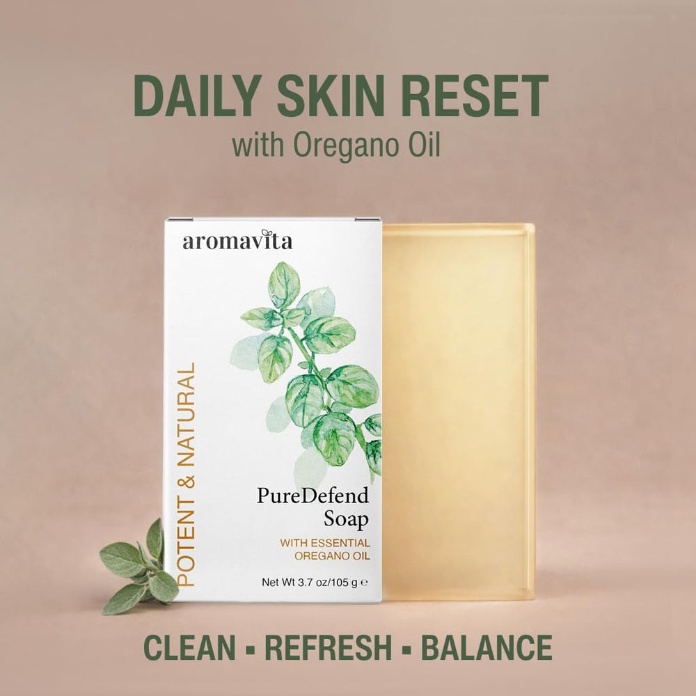 AROMAVITA oregano soap side profile highlighting bar texture and moisturizing benefit