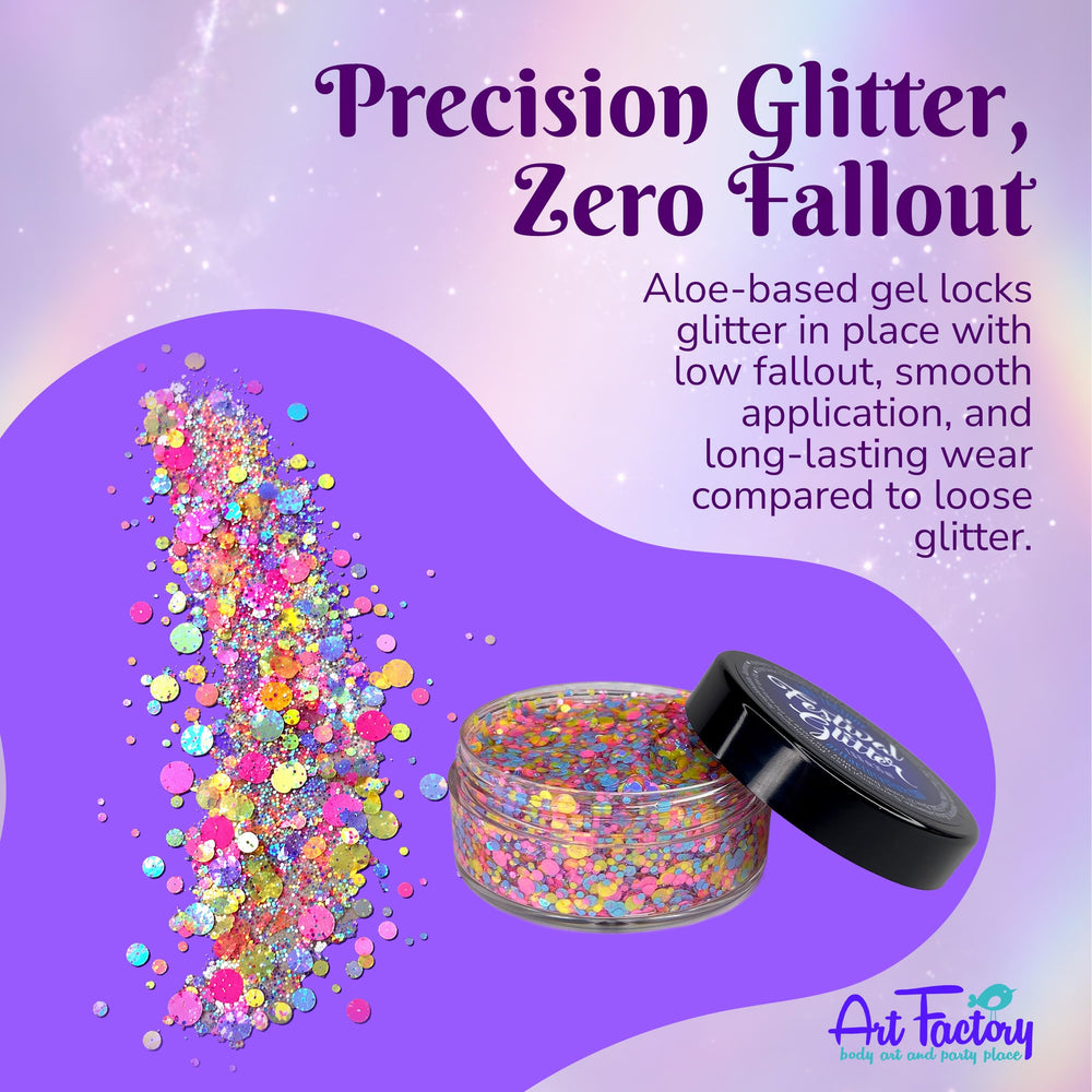 Art Factory macro of dot-cut glitter particles demonstrating fine sparkle and low fallout